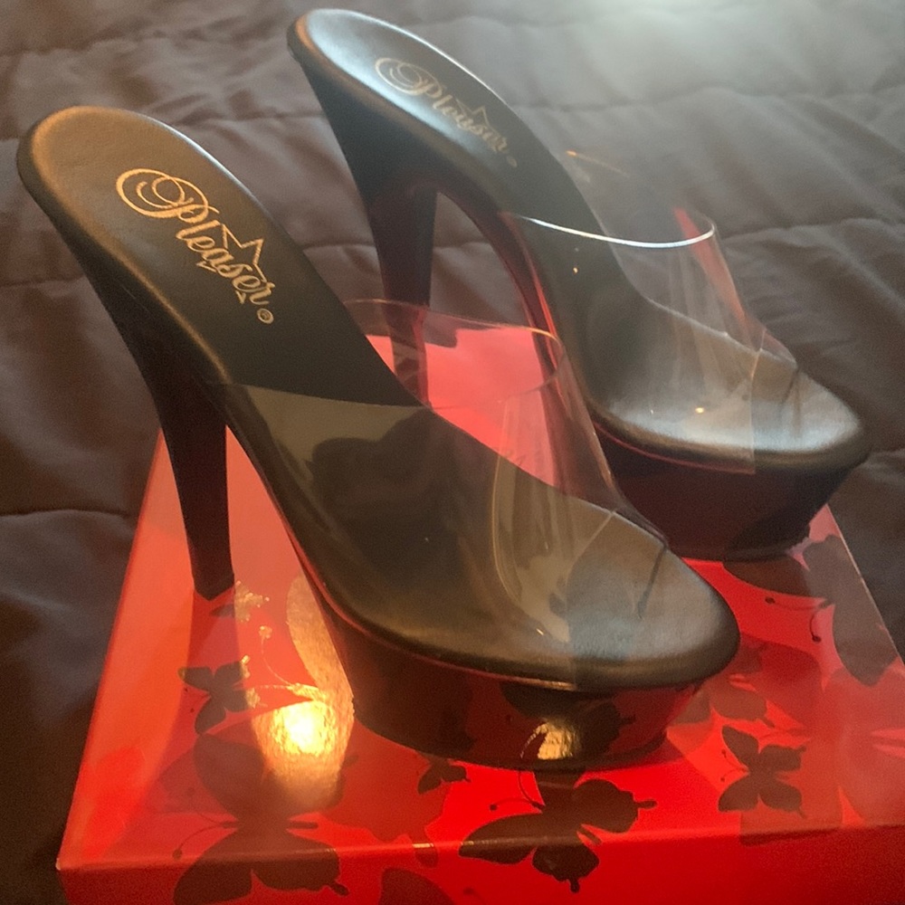 Pleaser brand 6” black and clear heels. Brand new, never been worn!